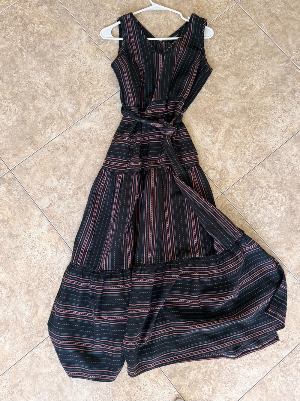 Sleeveless Black Maxi Dress with Pink Stripe Detail